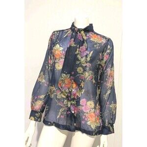 Vintage 70s Sheer Blue Fruit Floral Tie Neck Blouse Hollywood Nylon L/S B42 M/L
